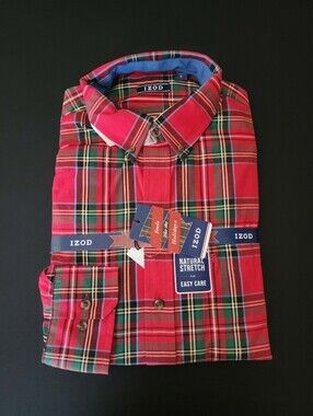 Men's Izod Red Green Plaid Button-Down Shirt Sz M NWT